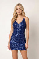 Navy Blue Sparkly Spagehetti Straps Sequins Open Back Mini Party Dresses | SHEISME