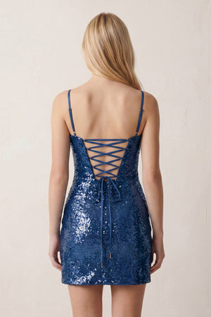 Navy Blue Sparkly Spaghetti Straps Zipper Back Sequin Mini Homecoming Dresses | SHEISME