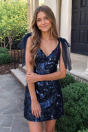 Navy Blue Sparkly V-Neck A-Line Sequin Homecoming Dress | SHEISME