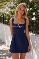 Navy Blue Square Neck A-Line Satin Homecoming Dress With Lace-Up Back | SHEISME