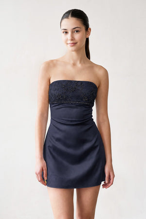 Navy Blue Strapless Appliqued Satin Sheath Homecoming Dress (3) | SHEISME