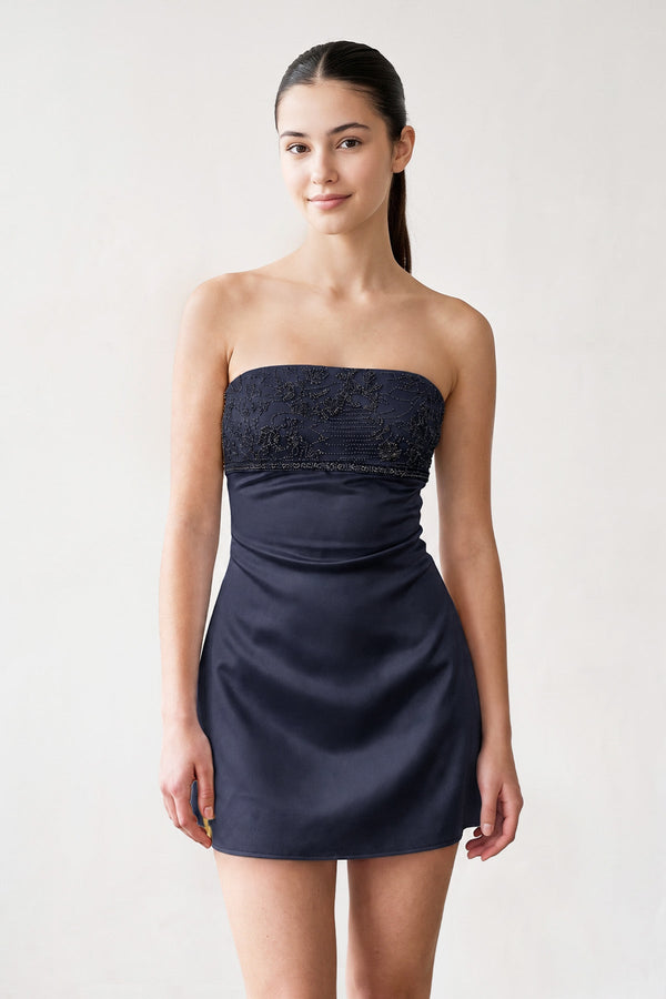Navy Blue Strapless Appliqued Satin Sheath Homecoming Dress (3) | SHEISME