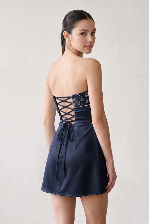 Navy Blue Strapless Appliqued Satin Sheath Homecoming Dress (4) | SHEISME