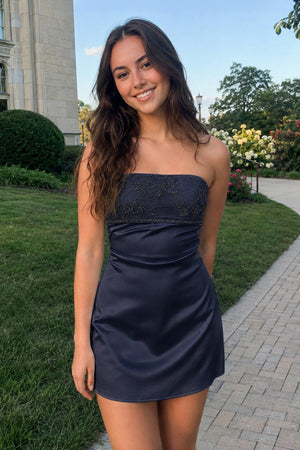 Navy Blue Strapless Appliqued Satin Sheath Homecoming Dress | SHEISME