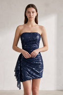 Navy Blue Strapless Sheath Sequins Mini Homecoming Dresses With Side Train | SHEISME