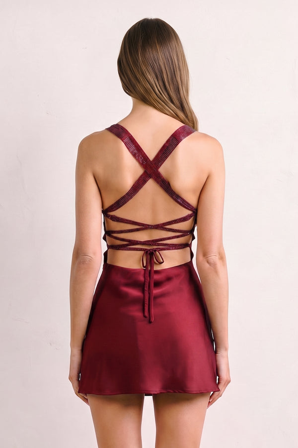 Burgundy Sweetheart Satin Sheath Mini Homecoming Dress With Beading | SHEISME