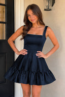 Zinovia Black A Line Satin Square Neck Ruffles Short Homecoming Dresses - SHEISME