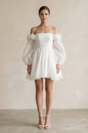 Off - the - Shoulder 3D - Flower Chiffon Long Sleeve Wedding Dress in Ivory - SHE IS ME Wedding Dresses