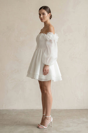 Off - the - Shoulder 3D - Flower Chiffon Long Sleeve Wedding Dress in Ivory - SHE IS ME Wedding Dresses