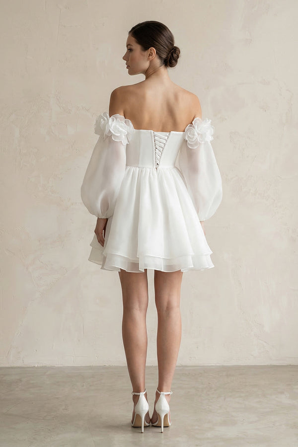 Off - the - Shoulder 3D - Flower Chiffon Long Sleeve Wedding Dress in Ivory - SHE IS ME Wedding Dresses