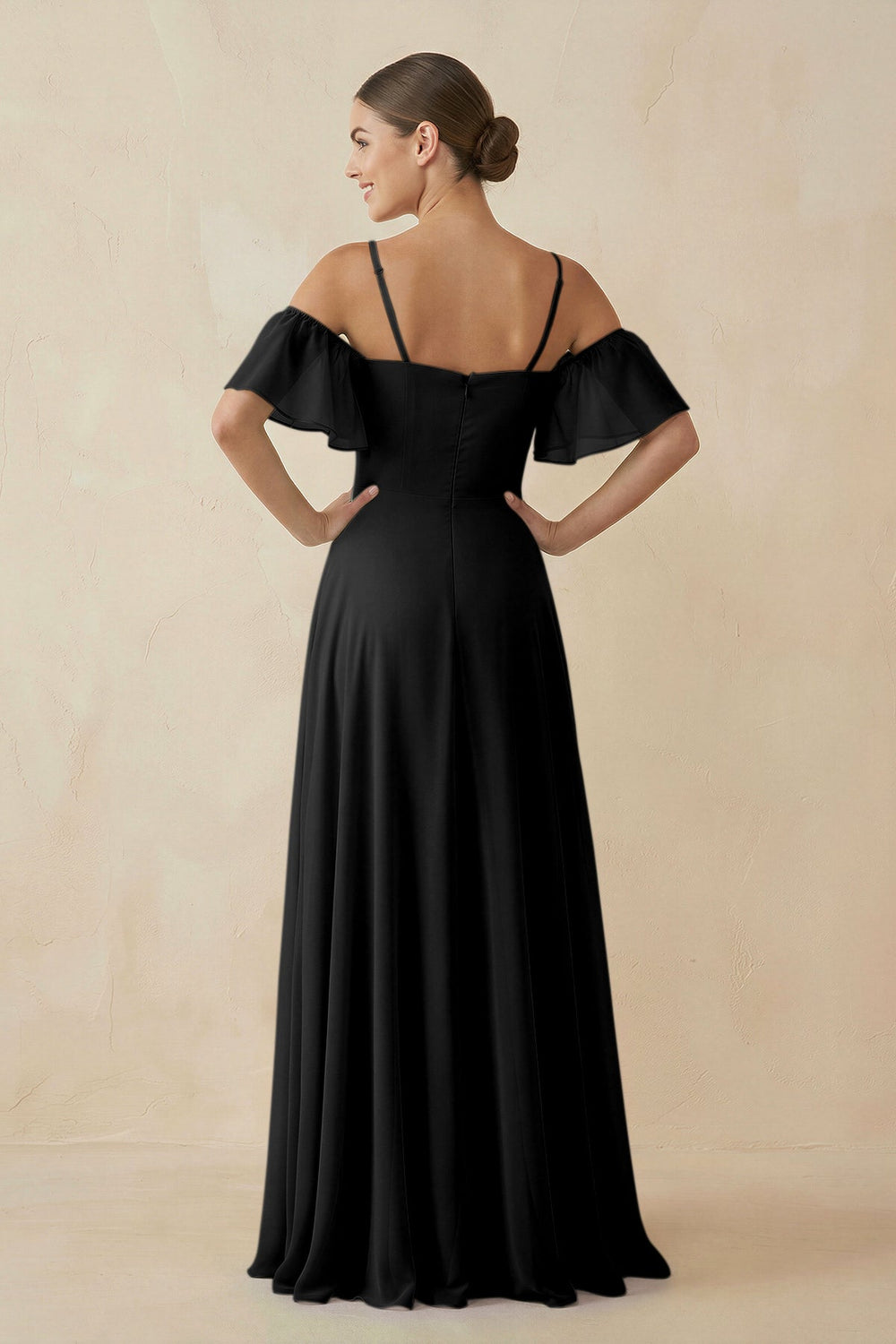 Off - the - Shoulder A - Line Chiffon Bridesmaid Dress in Black - SHE IS ME Bridesmaid Dresses