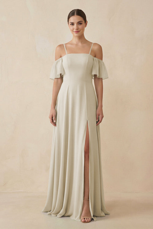 Off - the - Shoulder A - Line Chiffon Bridesmaid Dress in Dove Gray - SHE IS ME Bridesmaid Dresses