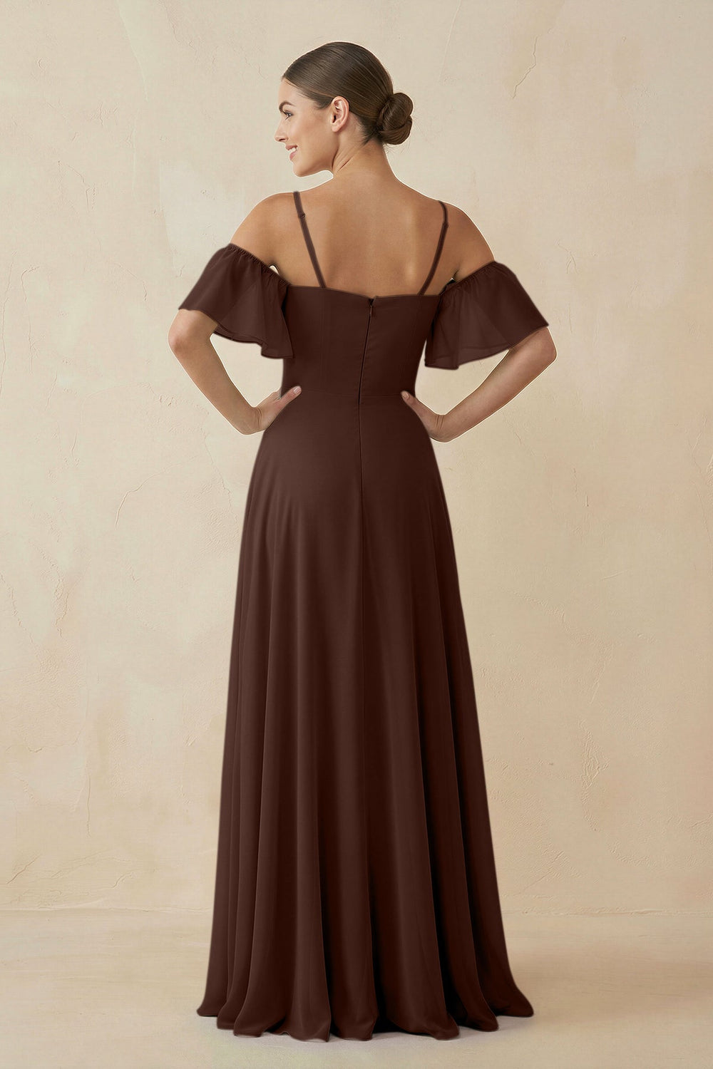 Off - the - Shoulder A - Line Chiffon Bridesmaid Dress in Espresso - SHE IS ME Bridesmaid Dresses