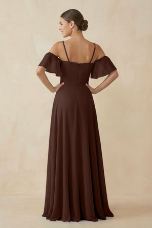Off - the - Shoulder A - Line Chiffon Bridesmaid Dress in Espresso - SHE IS ME Bridesmaid Dresses