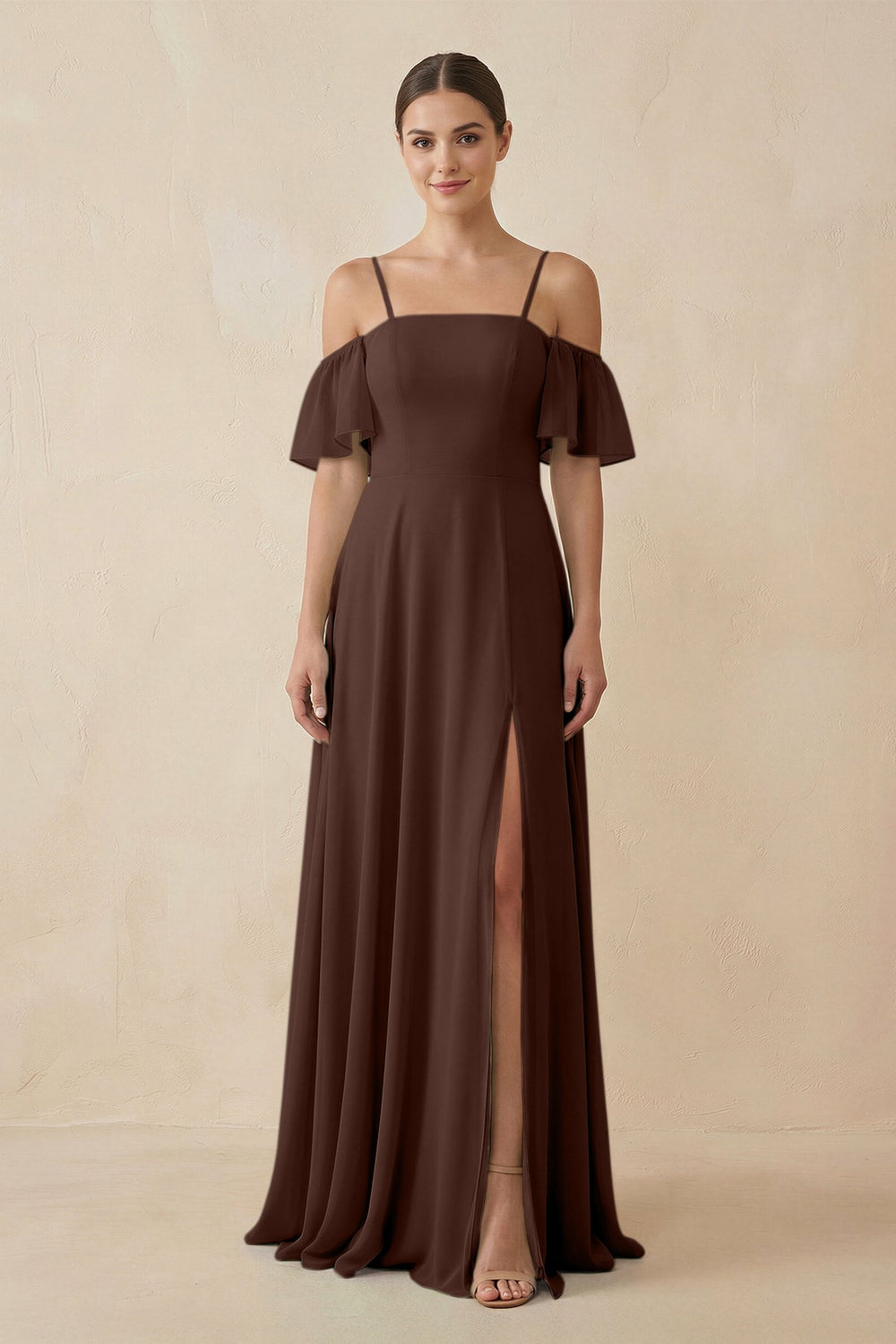 Off - the - Shoulder A - Line Chiffon Bridesmaid Dress in Espresso - SHE IS ME Bridesmaid Dresses