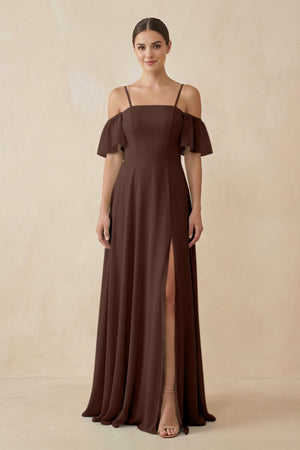 Off - the - Shoulder A - Line Chiffon Bridesmaid Dress in Espresso - SHE IS ME Bridesmaid Dresses