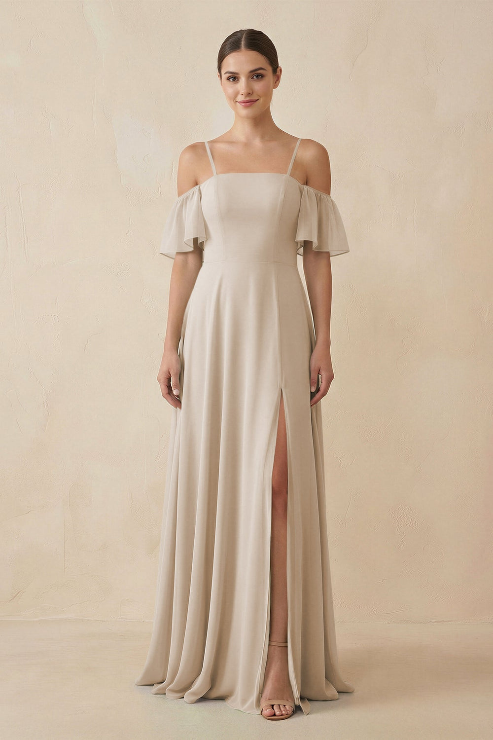 Off - the - Shoulder A - Line Chiffon Bridesmaid Dress in Frost - SHE IS ME Bridesmaid Dresses