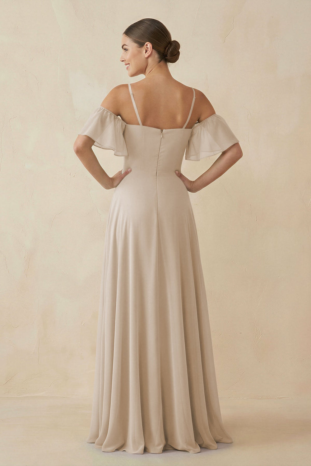Off - the - Shoulder A - Line Chiffon Bridesmaid Dress in Frost - SHE IS ME Bridesmaid Dresses