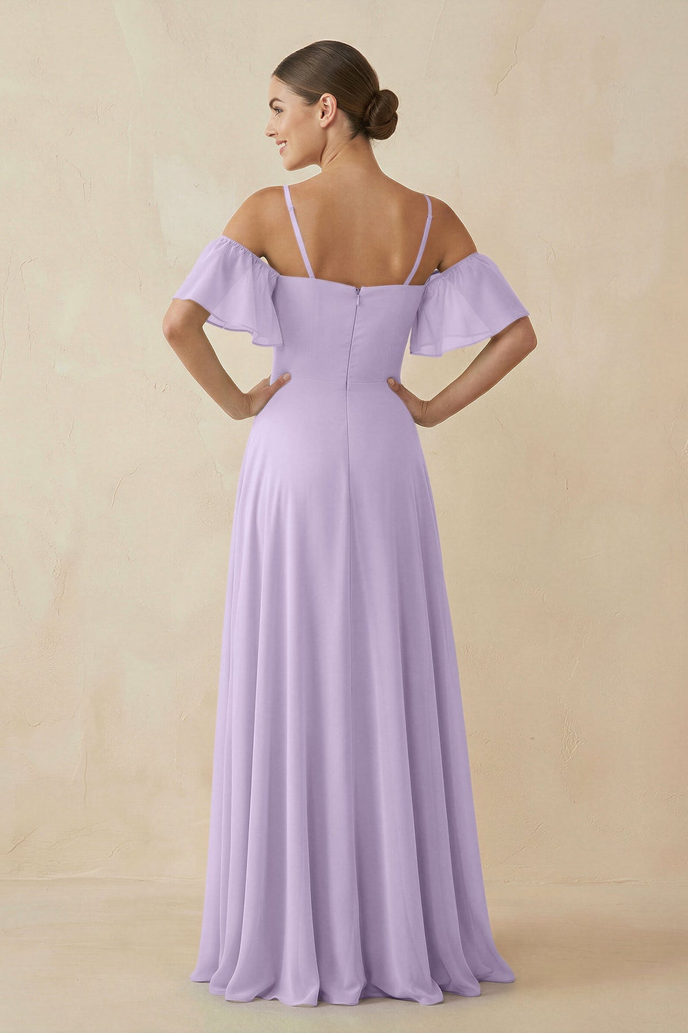 Off - the - Shoulder A - Line Chiffon Bridesmaid Dress in Lavender - SHE IS ME Bridesmaid Dresses