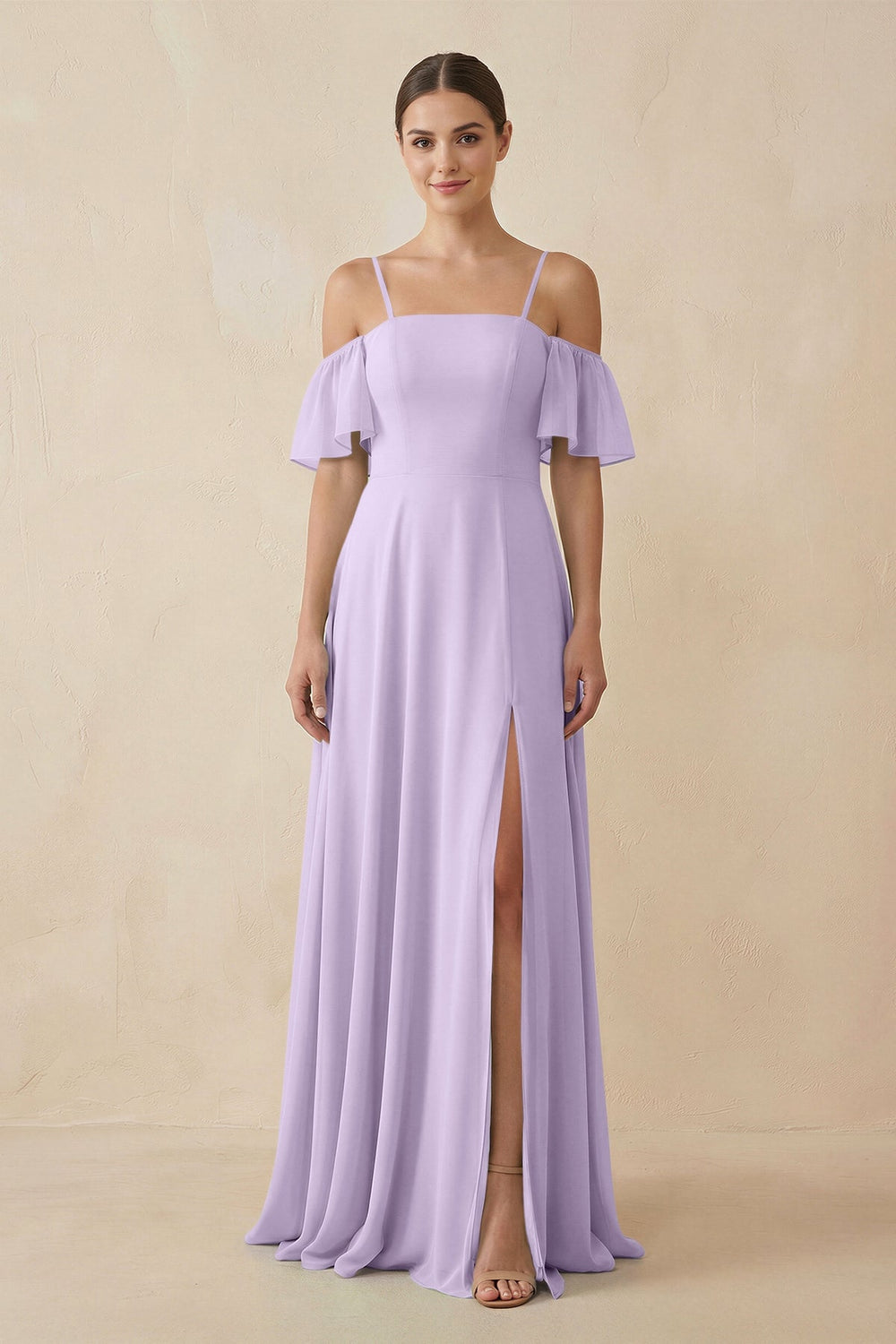 Off - the - Shoulder A - Line Chiffon Bridesmaid Dress in Lavender - SHE IS ME Bridesmaid Dresses