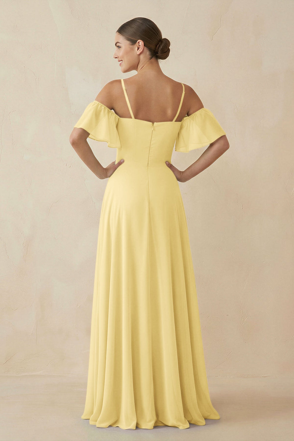 Off - the - Shoulder A - Line Chiffon Bridesmaid Dress in Pastel Yellow - SHE IS ME Bridesmaid Dresses