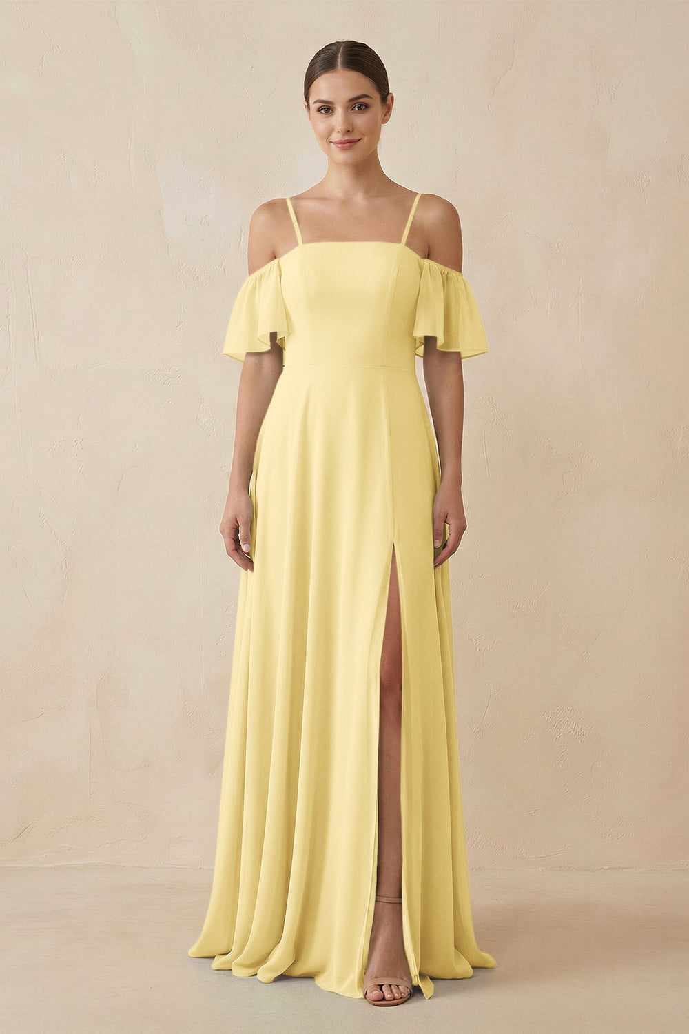 Off - the - Shoulder A - Line Chiffon Bridesmaid Dress in Pastel Yellow - SHE IS ME Bridesmaid Dresses