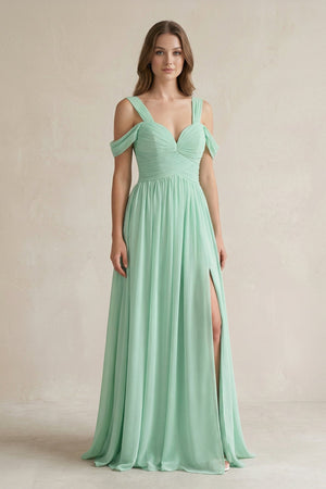 Off-the-Shoulder A-Line Chiffon Bridesmaid Dress With Slit in Pale Pistachio - SHE IS ME BRIDESMAID DRESSES