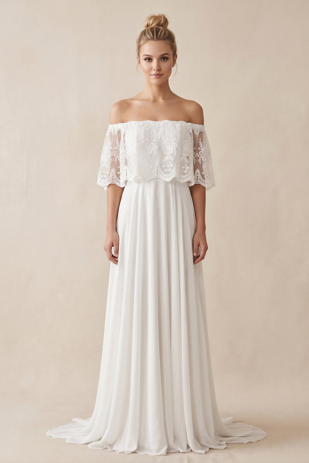 Off - the - Shoulder A - Line Chiffon Pleated Wedding Dress in White - SHE IS ME Wedding Dresses