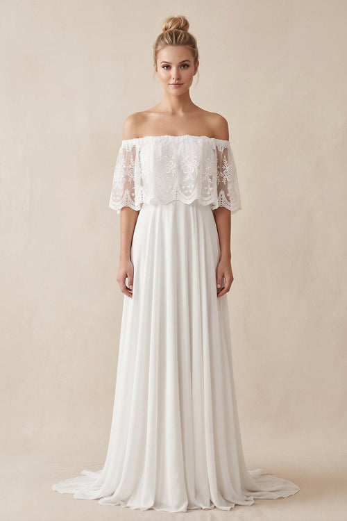 Off - the - Shoulder A - Line Chiffon Pleated Wedding Dress in White - SHE IS ME Wedding Dresses