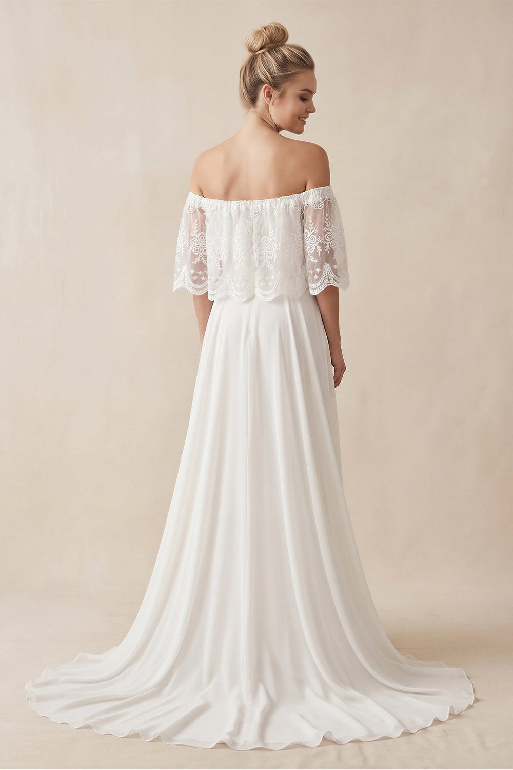Off - the - Shoulder A - Line Chiffon Pleated Wedding Dress in White - SHE IS ME Wedding Dresses