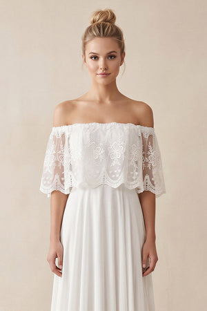 Off - the - Shoulder A - Line Chiffon Pleated Wedding Dress in White - SHE IS ME Wedding Dresses