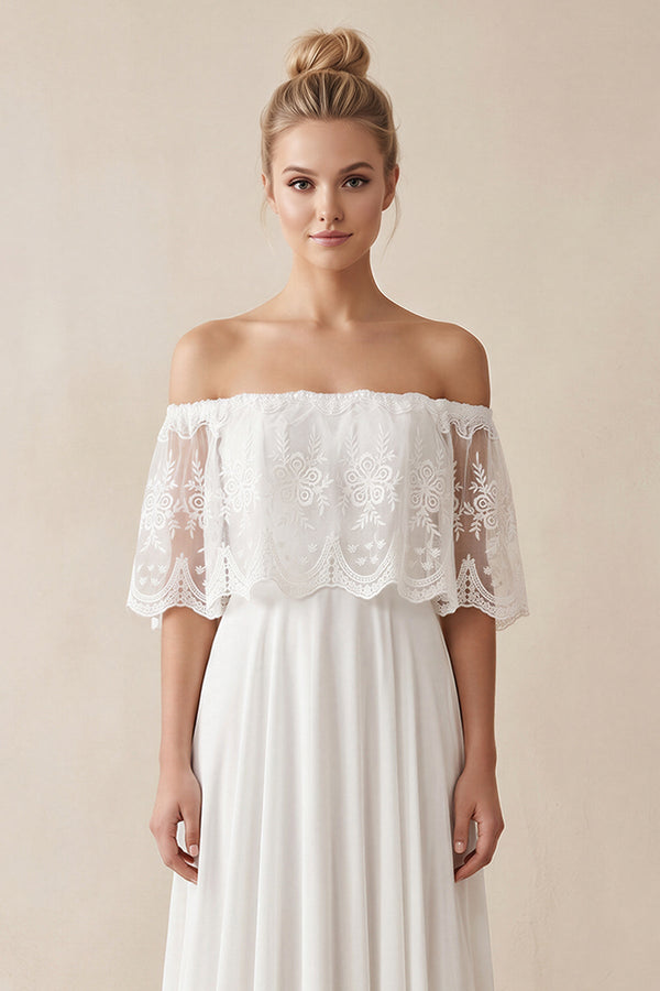 Off - the - Shoulder A - Line Chiffon Pleated Wedding Dress in White - SHE IS ME Wedding Dresses