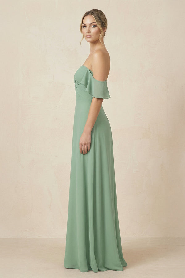 Off-the-Shoulder A-Line Chiffon Ruched Bridesmaid Dress in Sea Glass - SHE IS ME BRIDESMAID DRESSES