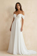 Off The Shoulder A Line Chiffon Wedding Dress in White - SHE IS ME Wedding Dresses