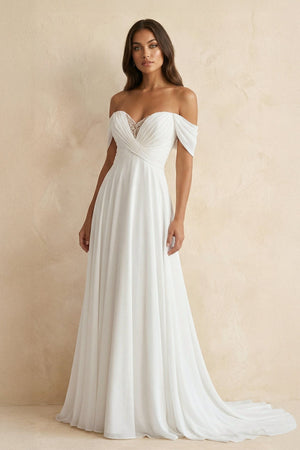 Off The Shoulder A Line Chiffon Wedding Dress in White - SHE IS ME Wedding Dresses