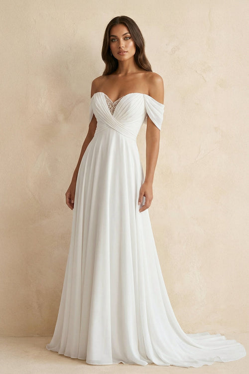 Off The Shoulder A Line Chiffon Wedding Dress in White - SHE IS ME Wedding Dresses