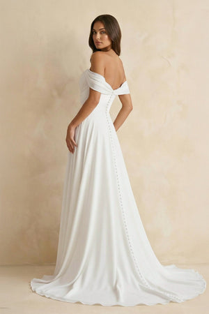 Off The Shoulder A Line Chiffon Wedding Dress in White - SHE IS ME Wedding Dresses