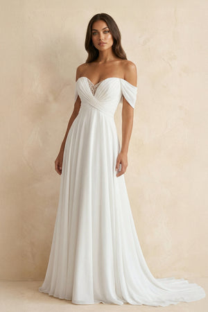 Off The Shoulder A Line Chiffon Wedding Dress in White - SHE IS ME WEDDING DRESSES