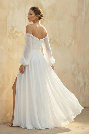 Off The Shoulder A Line Chiffon Wedding Dress With Slit - SHE IS ME Wedding Dresses