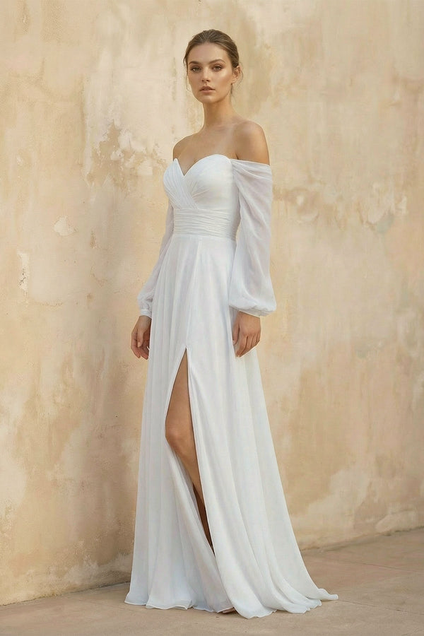Off The Shoulder A Line Chiffon Wedding Dress With Slit - SHE IS ME Wedding Dresses