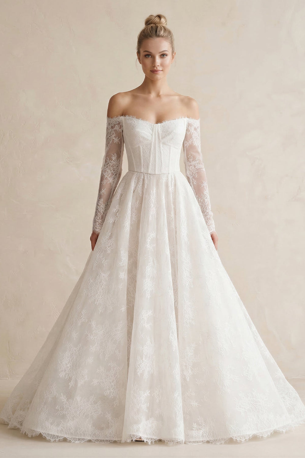 Off - the - Shoulder A - Line Lace Appliqued Wedding Dress in White - SHE IS ME Wedding Dresses