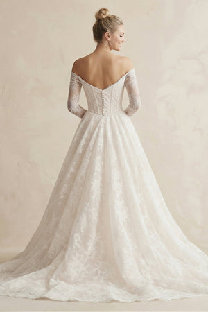 Off - the - Shoulder A - Line Lace Appliqued Wedding Dress in White - SHE IS ME Wedding Dresses