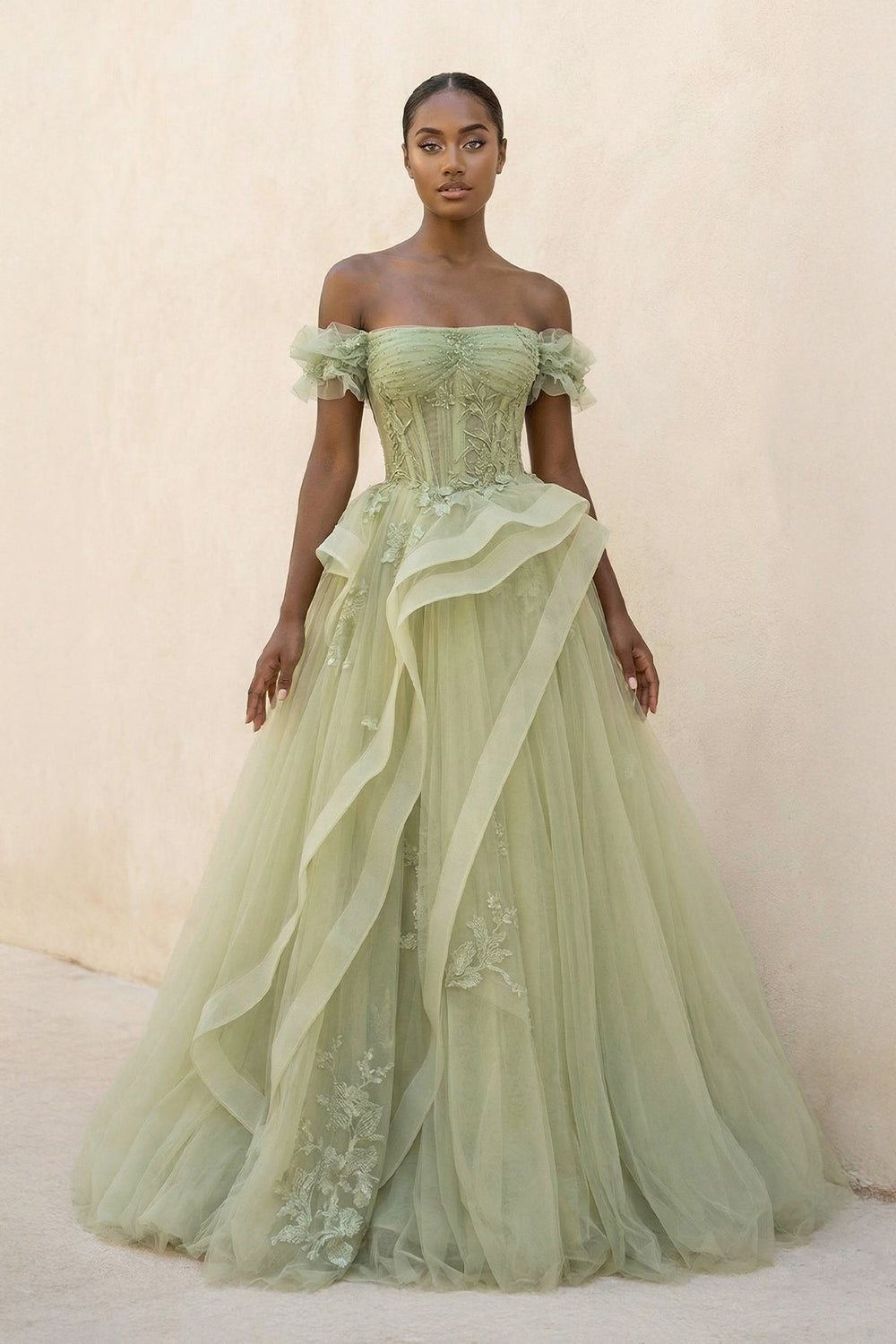 Off The Shoulder A Line Maxi Dress With Appliques in Sage - SHE IS ME PROM DRESSES