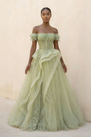 Off The Shoulder A Line Maxi Dress With Appliques in Sage - SHE IS ME PROM DRESSES