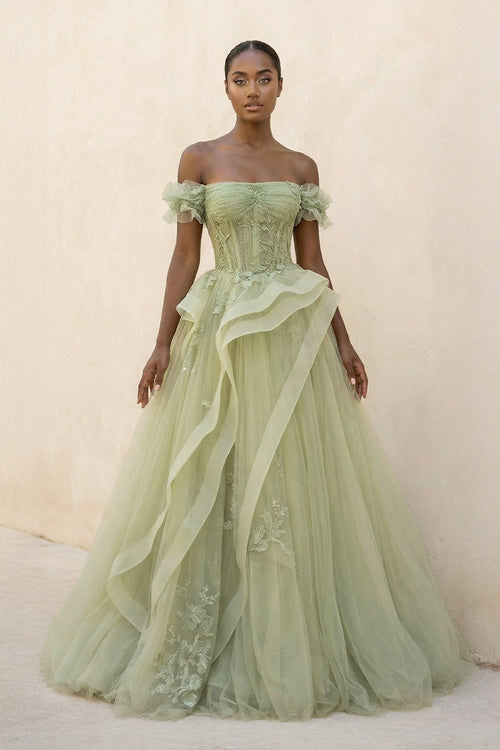 Off The Shoulder A Line Maxi Dress With Appliques in Sage - SHE IS ME PROM DRESSES