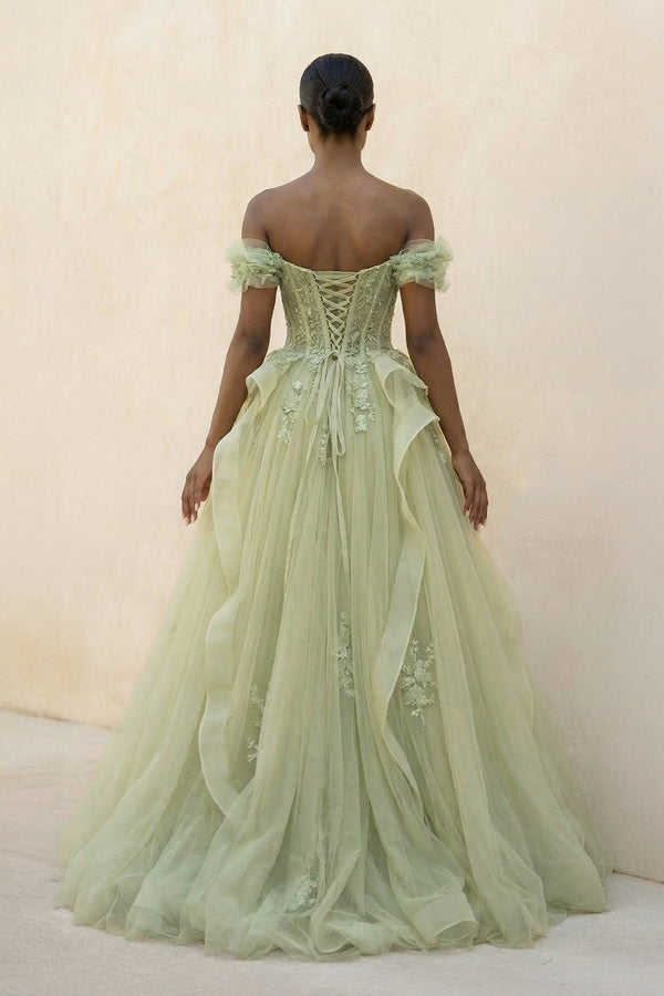 Off The Shoulder A Line Maxi Dress With Appliques in Sage - SHE IS ME PROM DRESSES