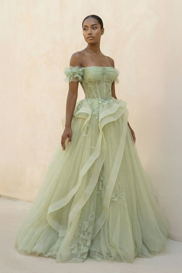 Off The Shoulder A Line Maxi Dress With Appliques in Sage - SHE IS ME PROM DRESSES