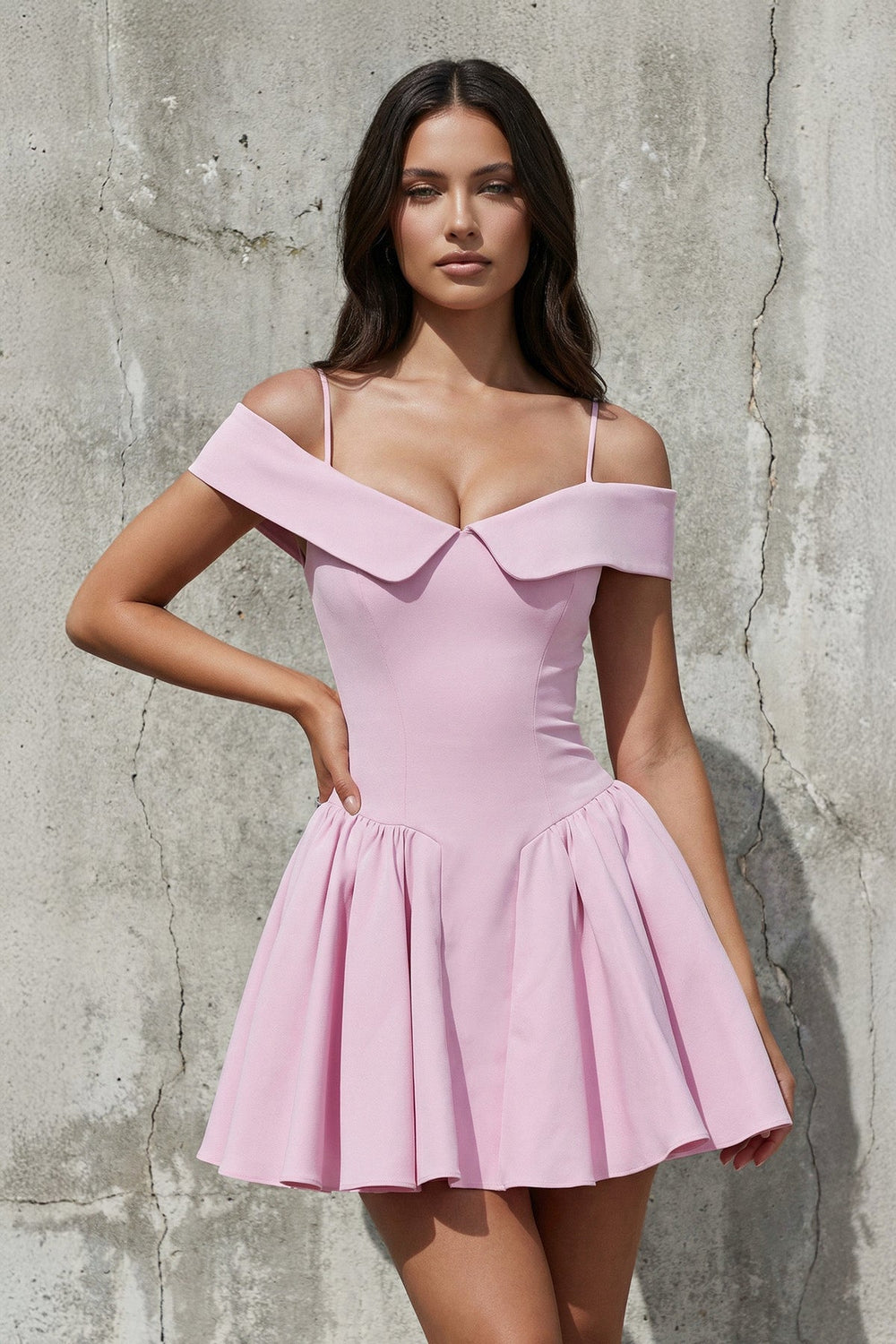 Off The Shoulder A - Line Mini Dress in Pink - SHE IS ME