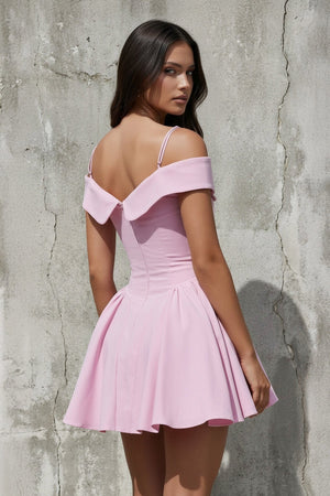 Off The Shoulder A - Line Mini Dress in Pink - SHE IS ME
