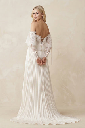 Off - the - Shoulder A - Line Pleated Appliqued Wedding Dress with Bow in Ivory - SHE IS ME Wedding Dresses